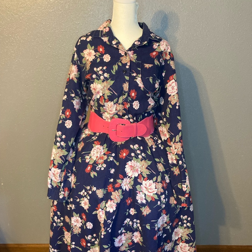 Vintage 50s/60s Blue Long Sleeve Dress - Pink Floral